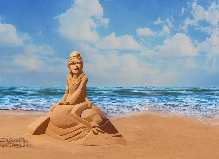 Image similar to beautiful sand sculpture on the beach, 8 k, matte painting, in the style of artist, ann stokes