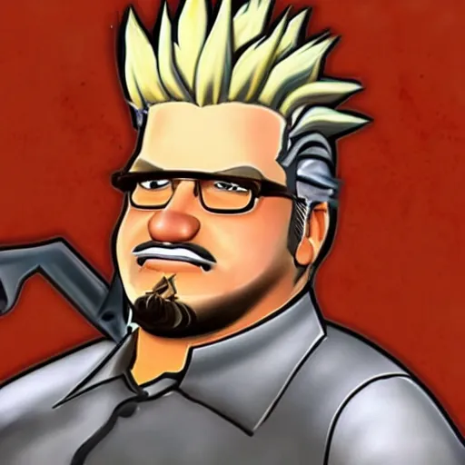 Image similar to in-game screenshot of Guy Fieri as a character in Team Fortress 2 (2007)