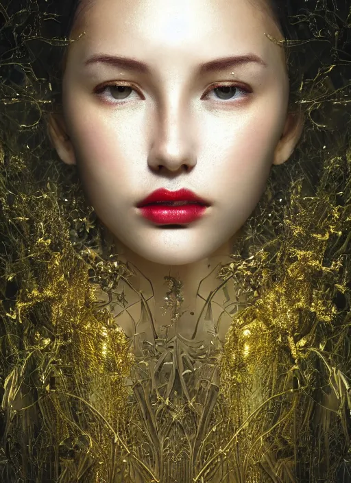 Image similar to glowing silver and golden elements, full close-up portrait, young female model from shutterstock as a dark witch, book cover, green forest, white moon, red lips, establishing shot, extremly high detail, photo-realistic, cinematic lighting, pen and ink, intricate line drawings, by Yoshitaka Amano, Ruan Jia, Kentaro Miura, Artgerm, post processed, concept art, artstation, matte painting, style by eddie, raphael lacoste, alex ross