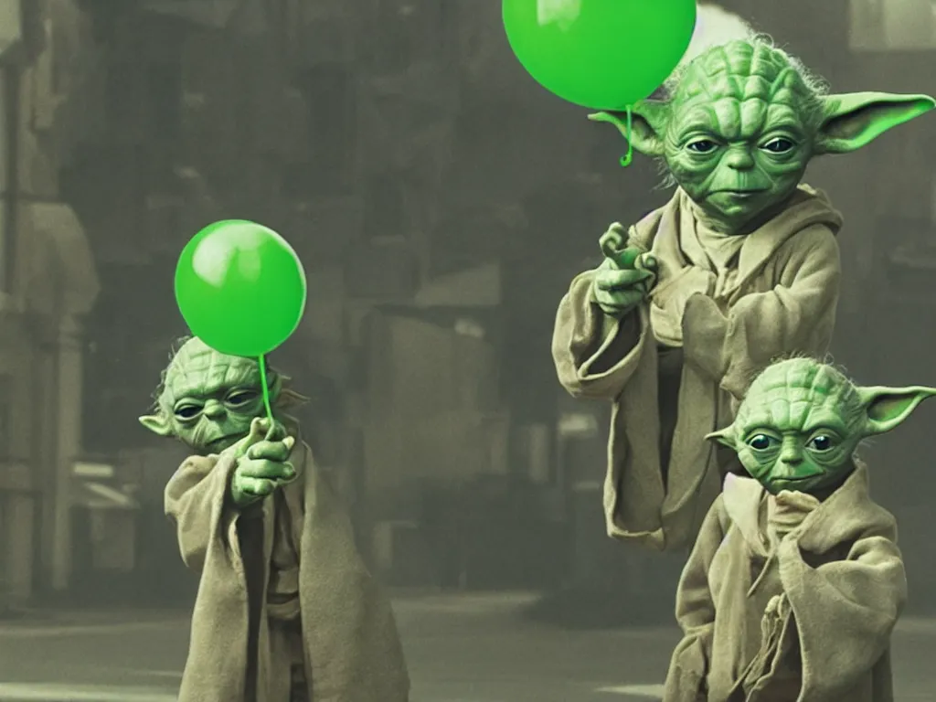 Image similar to a photo of yoda holding a green balloon in the tokyo suburbs by wes anderson, highly detailed, trending on artstation