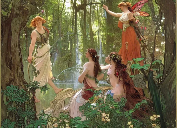 Prompt: bird's eye view, magical forest with a waterfall, lush trees, three fairies dancing around a maypole, magical, vivid colors, rule of thirds, a fantasy digital painting by alphonse mucha and john william waterhouse, trending on artstation, highly detailed, sharp lines