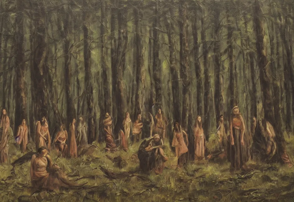 Prompt: a tribe of women gathered in a forest, north, mysterious, dark, oil painting, ominous, by hjalmar munsterhjelm, by fanny churberg