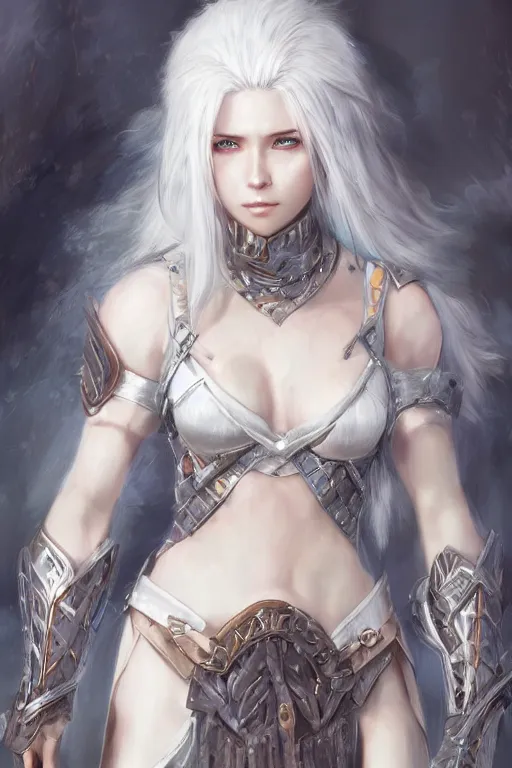 Image similar to A realistic anime portrait of a white haired female barbarian wearing an intricate armor, digital painting, by Stanley Artgerm Lau, Sakimichan, WLOP and Rossdraws, digtial painting, trending on ArtStation, SFW version