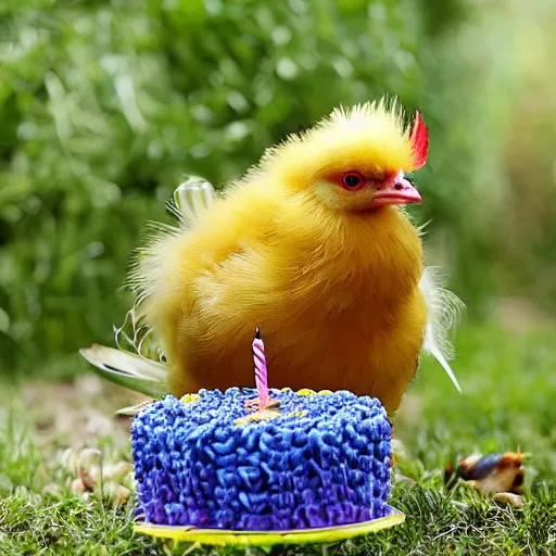 Prompt: a light downed baby chick is standing beside a rooster and a tiny birthday cake