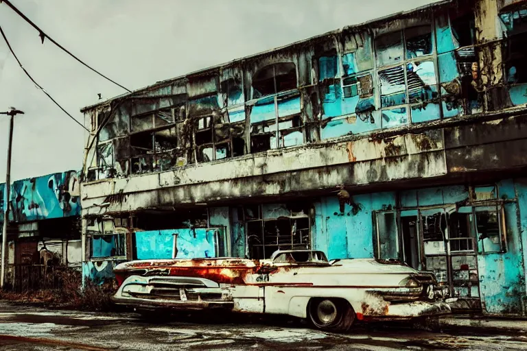 Prompt: low wide angle shot of dilapidated fallout 5 miami, tropical coastal city, desolate, dilapidated neon signs, few rusted retro futuristic vintage parked vehicles like cars, buses, trucks, trams, volumetric lighting, photorealistic, fog, daytime, autumn, overcast weather, sharp focus, ultra detailed, 4 0 0 0 k