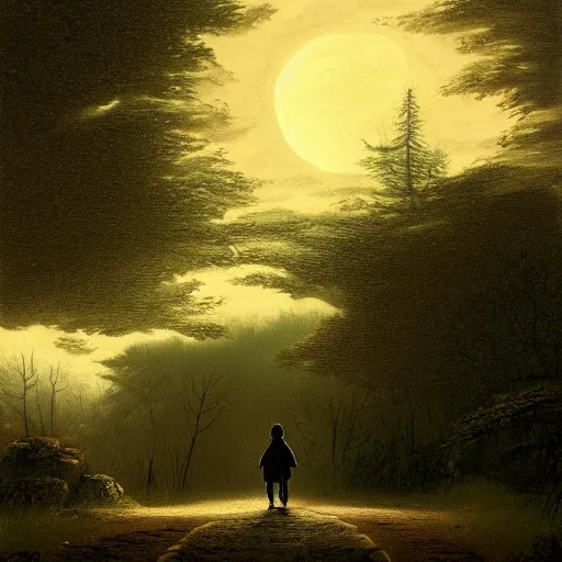 Image similar to matte painting of a tabby cat walking on a path in a dark moonlit Maine forest, serene, highly detailed, by caravaggio and alan lee, trending on artstation, 4k