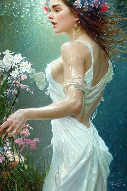 Image similar to portrait of a beautiful woman wearing a white dress, holding a bouquet of flowing flowers, drenched body, wet dripping hair, emerging from the water, fantasy, regal, fractal crystal, fractal gems, by stanley artgerm lau, thomas kindkade, alphonse mucha, loish, norman rockwell