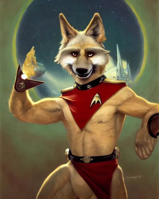 Prompt: painting of anthromorphic male dogman wolfman in starfleet uniform, star trek, zootopia, fursona, furaffinity, 4 k, deviantart, furry art, very expressive detailed face, gaston bussiere, craig mullins, jc leyendecker, gustav klimt, artgerm, greg rutkowski, alphonse mucha