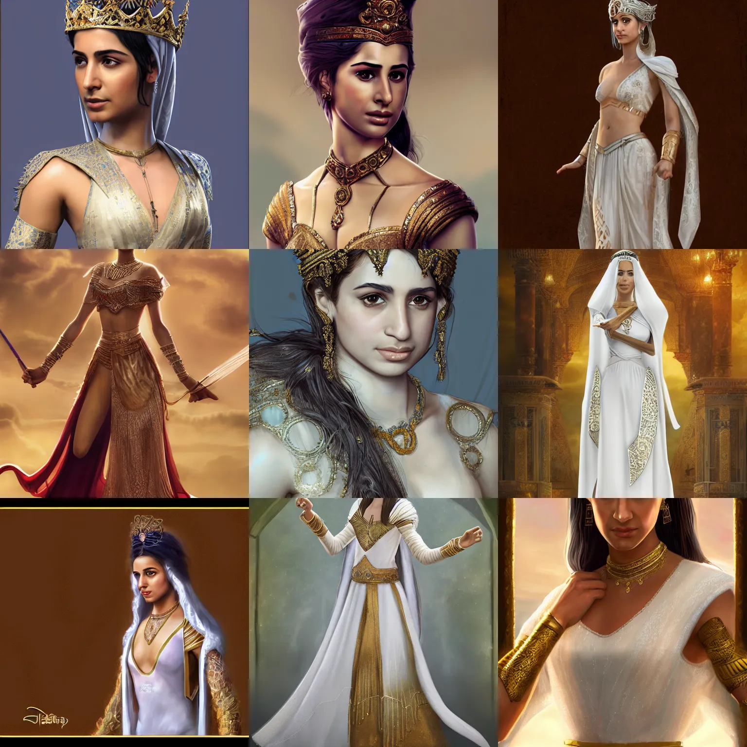 Prompt: The actress Naomi Scott as a Princess in the Persian Empire, very detailed, long flowing white robe, portrait photography, high quality, photorealism, trending on artstation,