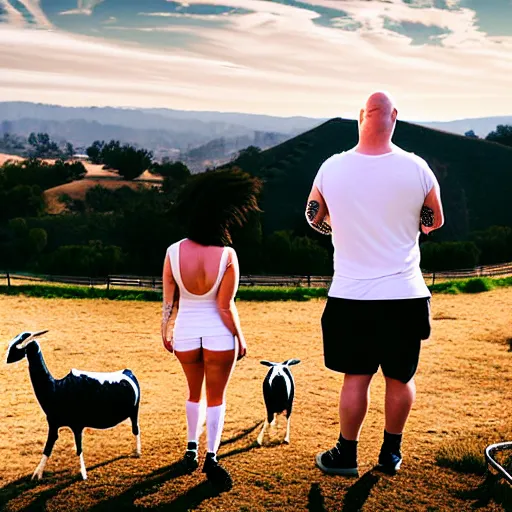 Image similar to portrait of a young chunky bald white male tattoos and his young white female brown hair wife with tattoos. male is wearing a white t - shirt, tan shorts, white long socks. female is has long brown hair and a lot of tattoos. photo taken from behind them overlooking the field with a goat pen. rolling hills in the background of california and a partly cloudy sky