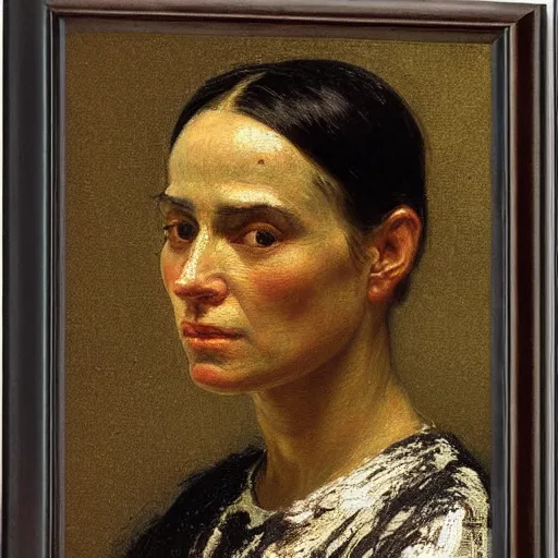 Image similar to frontal portrait of a scifi woman, by thomas eakins