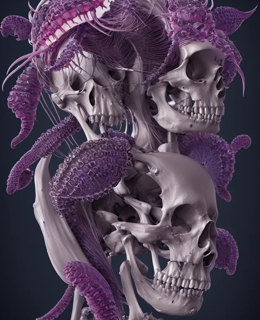 Image similar to symmetry!! goddess close - up portrait human skeleton, ram skull, squid phoenix jellyfish, orchid, betta fish, bioluminiscent, intricate artwork by tooth wu and wlop and beeple. octane render, trending on artstation, greg rutkowski very coherent symmetrical artwork. cinematic, hyper realism, high detail, octane render, 8 k