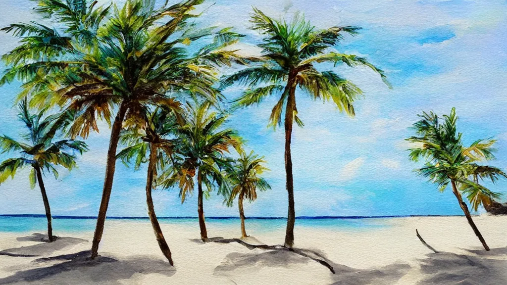 Prompt: a Drybrush art sample of a white sand beach with palms on the sides