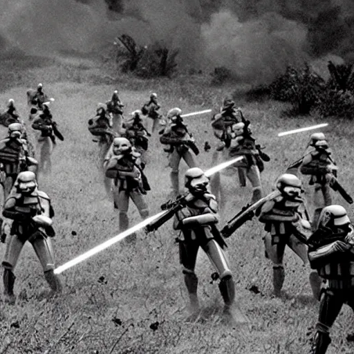 Image similar to star wars clone troopers combat soldiers in vietnam, photo, old picture, lush landscape, jungle, firearms, explosions, helicopters, aerial combat, active battle zone, flamethrower, air support, jedi, land mines, gunfire, violent, star destroyers, star wars lasers, sci - fi, jetpacks, agent orange, bomber planes, smoke, trench warfare