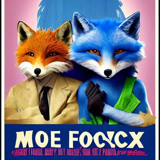 Prompt: realistic movie poster, featuring in anthropomorphic blue male foxes dressed cool, promotional movie poster print