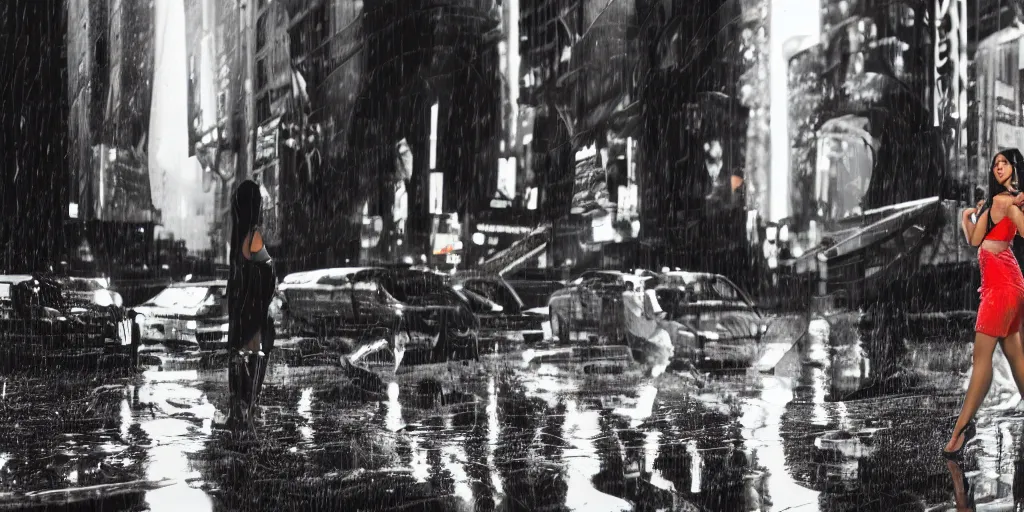 Prompt: ! dream 3 beautiful woman wearing white wet short sun dresses walking toward the camera in the wet cyberpunk streets of new york at sunset, police hover cars in the background, mud puddles, in the style of h. r. giger