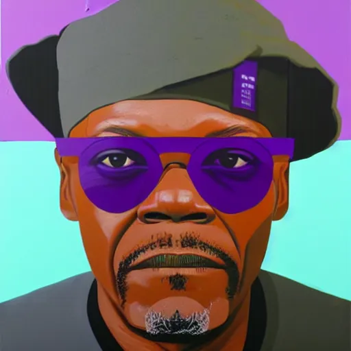 Prompt: samuel l. jackson wearing a purple baret and round sunglasses, profile picture by sachin teng, asymmetrical, organic painting, matte painting, geometric shapes, hard edges, graffiti, street art : 2 by sachin teng : 4