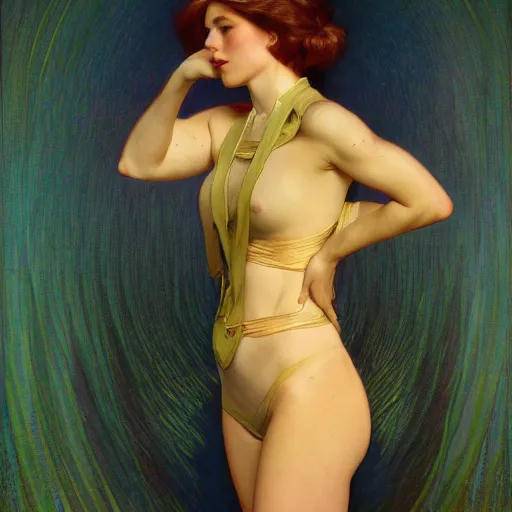 Image similar to modern woman | hyperrealistic | action pose | digital painting | trending on artstation | pinup portrait | clean | illustration | dressed | Unreal Engine 5 | 8k resolution | by Greg Rutkowski Alphonse Mucha Gustav Klimt, J.W. Waterhouse and Mel Ramos