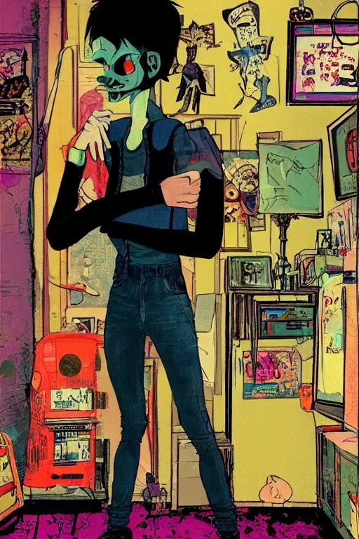 Image similar to a skinny goth guy standing in a cluttered 9 0 s bedroom by jamie hewlett, jamie hewlett art, full body character concept art, vaporwave colors, digital painting, hd, ultra hd, detailed, award winning,