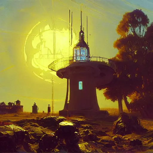 Prompt: painting of syd mead artlilery scifi organic shaped light house with ornate metal work lands on a farm, fossil ornaments, volumetric lights, purple sun, andreas achenbach