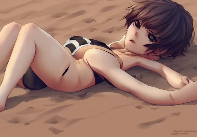 Image similar to A girl with short brown hair, wearing a swimsuit, laying on the beach drawn by WLOP, by Avetetsuya Studios, attractive character, colored sketch anime manga panel, trending on Artstation