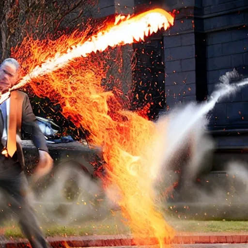 Prompt: photo of Jerome Powell using a flamethrower projecting a long flame