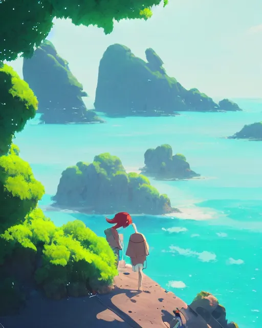 Image similar to an archipelago with strange white rock formations, lush vegetation, deep blue water, cory loftis, james gilleard, atey ghailan, makoto shinkai, goro fujita, studio ghibli, rim light, exquisite lighting, clear focus, very coherent, plain background, soft painting