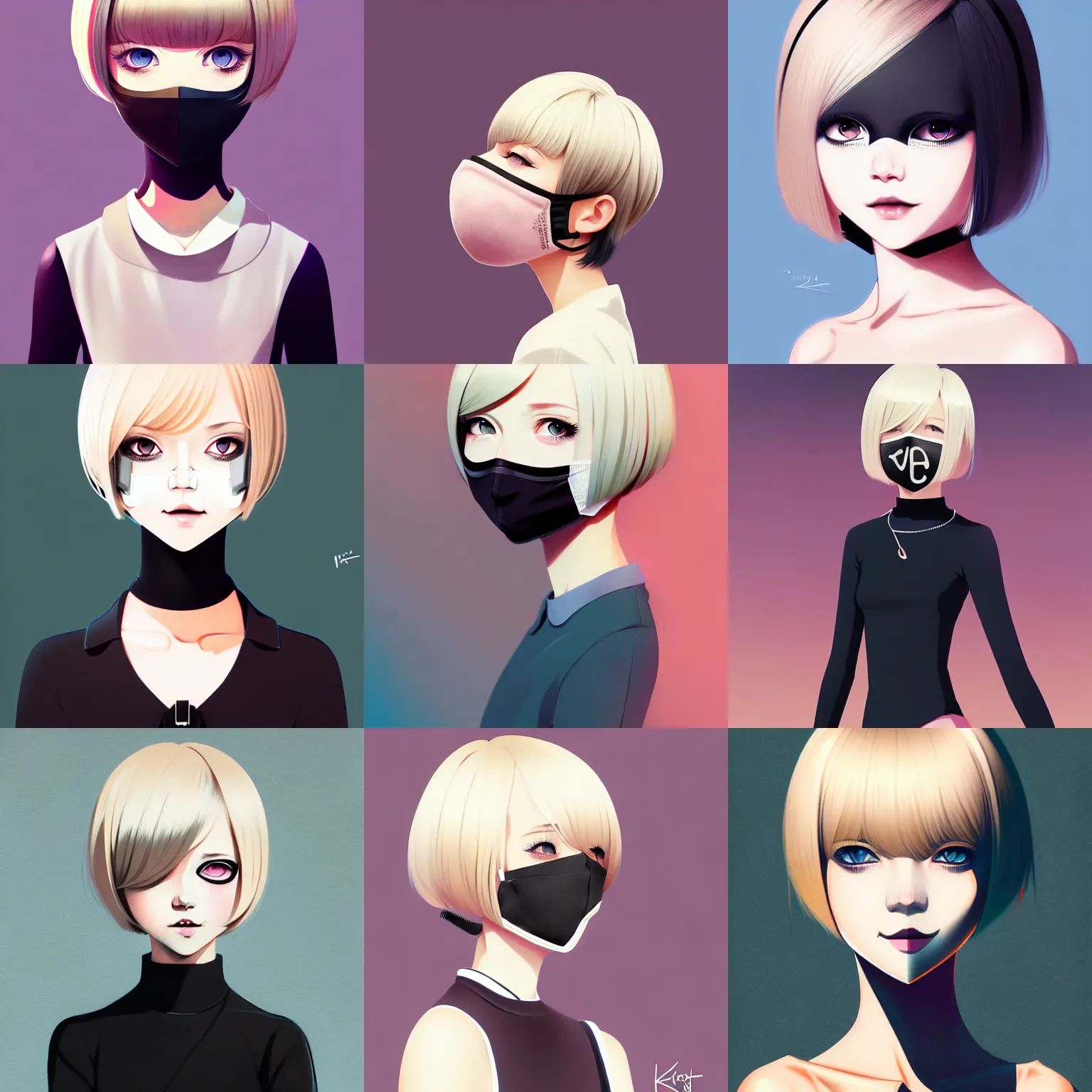 Image similar to urban girl fanart with black facemask, blond bob haircut, muted colors, matte print, pastel colors, ornate, digital art, cute smile, digital painting, fan art, elegant, pixiv, by ilya kuvshinov, by studio ghibli