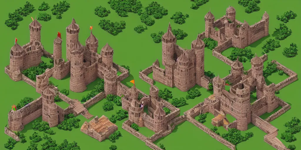 Image similar to medieval castle in a jungle with towers and moat, 3 d, isometric, polygon art style, simple