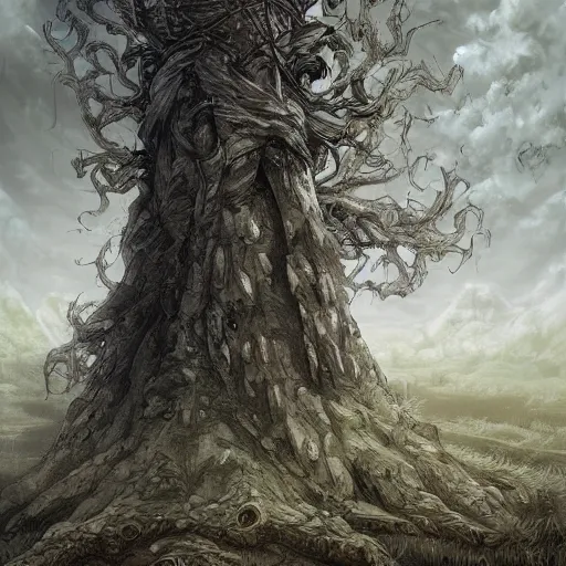 Prompt: an archaic tower looming over a grove of ancient trees, in the style of ayami kojima and kentaro miura, realistic digital painting, medieval fantasy, very detailed