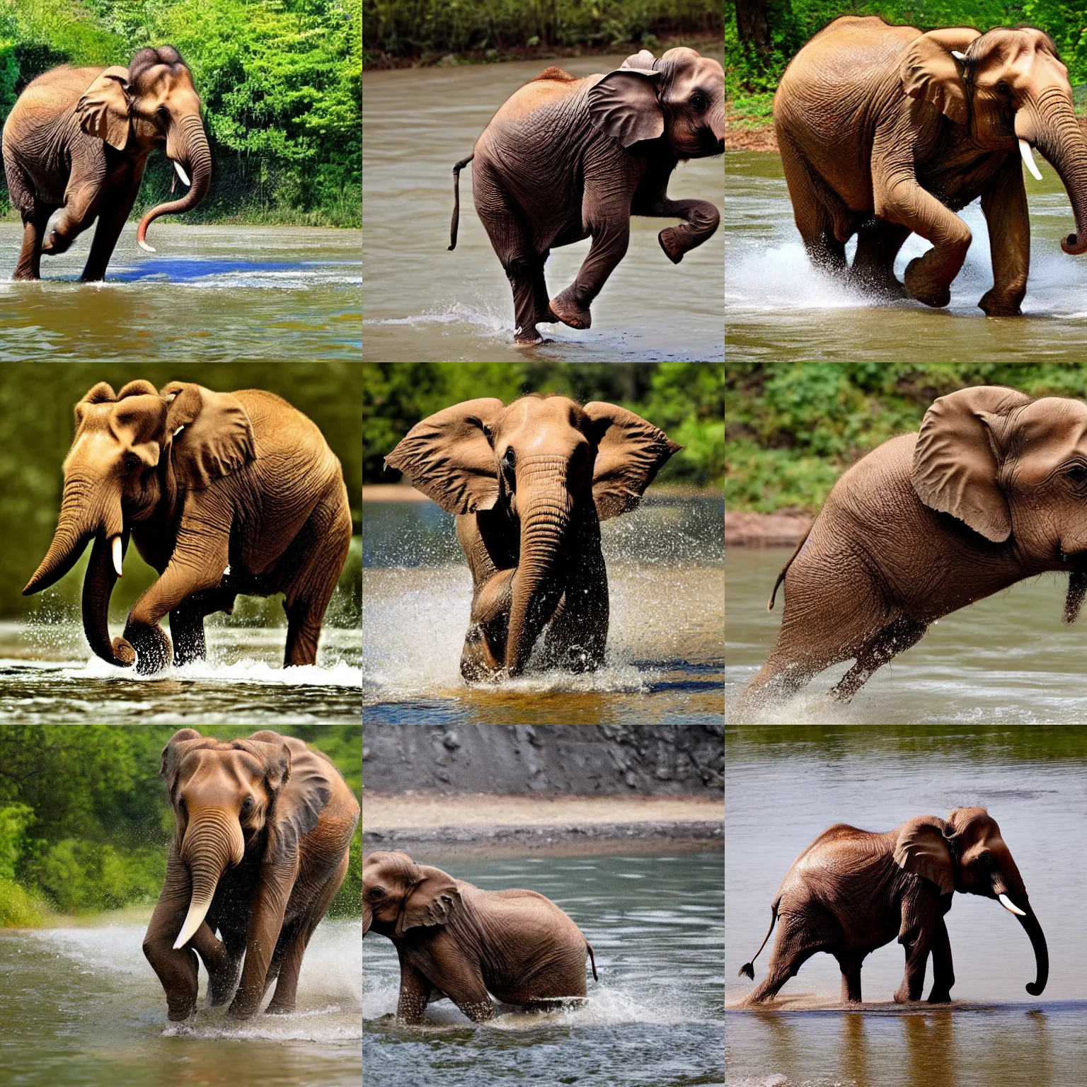 Prompt: a quick brown elephant jumping over a river