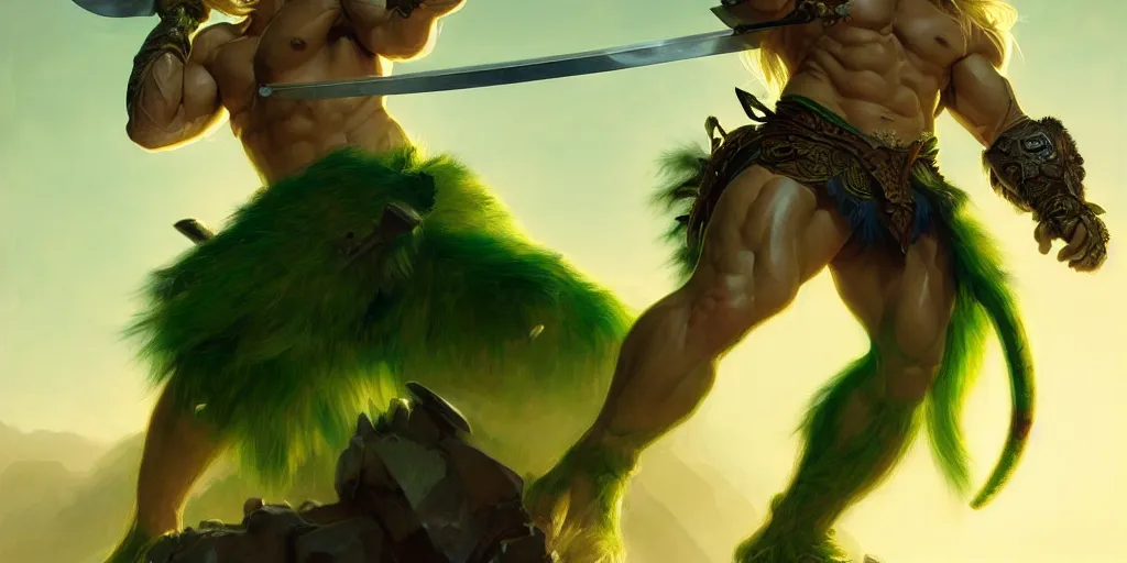 Prompt: a blonde haired muscular barbarian with a sword and a green tiger, cinematic, volumetric moody lighting, highly detailed, digital painting, artstation, concept art, matte, sharp focus, illustration, art by artgerm and greg rutkowski and alphonse mucha