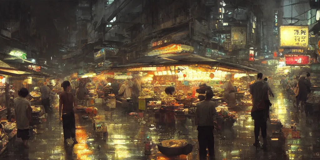 Image similar to an asian wet market at night, by greg rutkowski