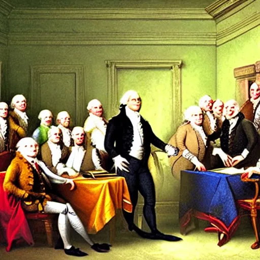 Image similar to shrek at the signing of the declaration of independence oil painting