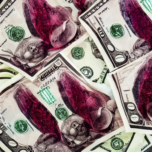 Prompt: money stained with wine on a white bed, photorealistic, detailed, dramatic