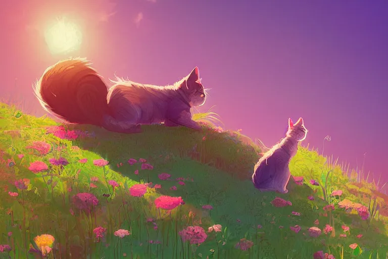 Image similar to a digital art of a cat standing on the top of the hill with flowers around in the afternoon, sunshine, cute, illustration, animal, light effect, highly detailed, by anton fadeev