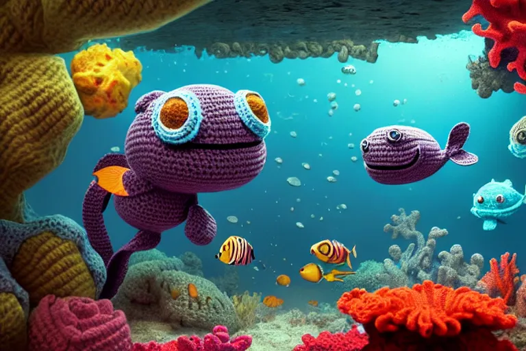 Image similar to an expedition of crochet scuba divers discovering a new animal underwater. cute, illustration, digital art, inspired by little big planet, by greg rutkowski, sharp, masterpiece, highly detailed, photorealistic, octane render, 8 k, unreal engine 5, trending on artstation, vivid colors