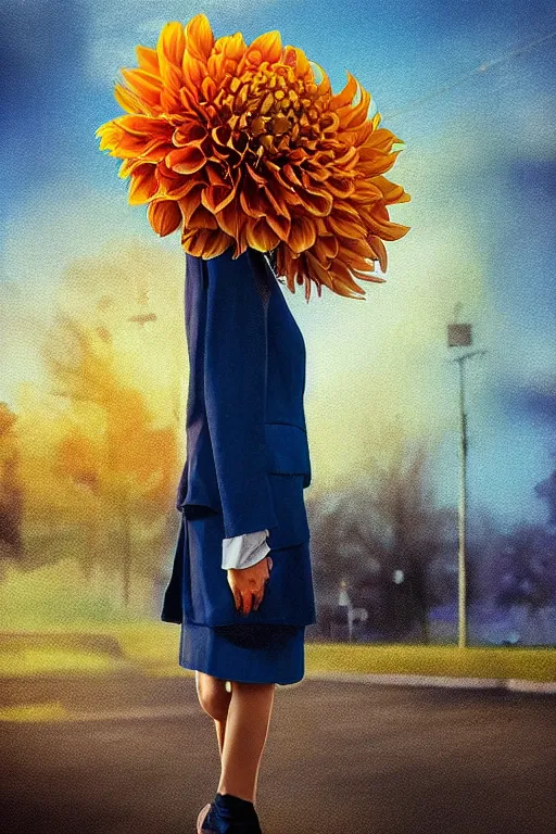 Image similar to closeup giant dahlia flower head, girl in a suit on a street, surreal photography, blue sky, sunrise, dramatic light, impressionist painting, digital painting, artstation, simon stalenhag