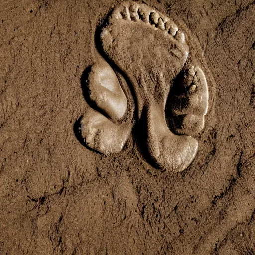 Image similar to the footprint of bigfoot in the mud, 4 k high - resolution photograph, ultra detail, hd photo