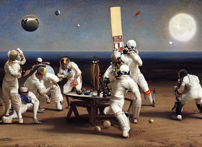 Image similar to a cricket match on the moon by edgar maxence and caravaggio and michael whelan and delacroix style, artistic, intricate painting, cinematic lighting, hyper realistic, extremely detailed, establishing shot, 8 k resolution, dramatic lighting