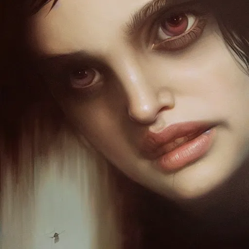 Prompt: closeup portrait of a young natalie portman, matilda from leon the professional, dramatic light, gorgeous view, depth, high detail, digital art, painted by greg rutkowski and seb mckinnon, by tim burton, trending on artstation