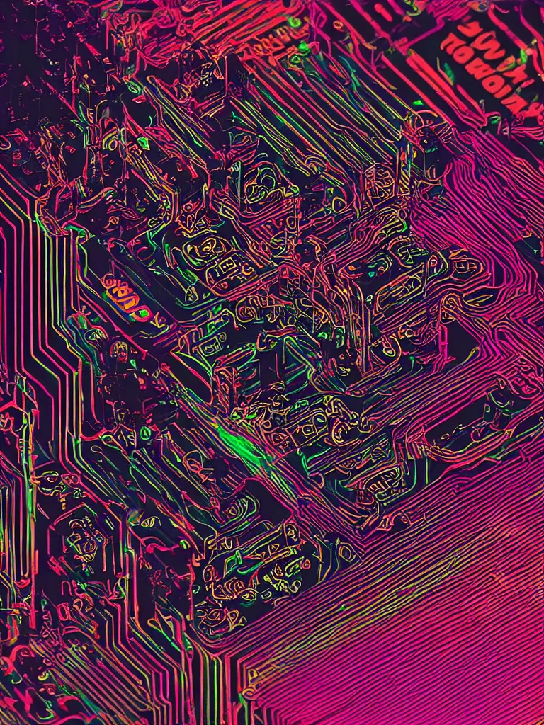 Image similar to neon lit printed circuit board by disney concept artists, blunt borders, rule of thirds