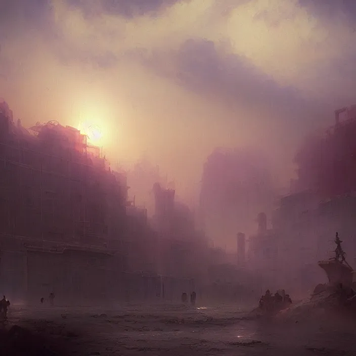 Prompt: a beautiful painting of an underground vaporwave city wasteland by ivan aivazovsky and greg rutkowski and james gurney and frank lloyd and sung choi, in style of impressionism. hyper detailed, sharp focus, soft light. unreal engine 5 lumen. ray tracing. trending on artstation. digital art