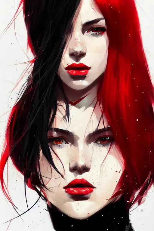 Image similar to a ultradetailed beautiful portrait panting of a stylish woman with red bangs, she is wearing a black dress, by conrad roset, greg rutkowski and makoto shinkai, trending on artstation