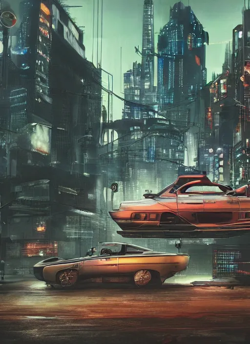 Prompt: a retro - futuristic car with a cyberpunk city in the background, alexander jansson, leesha hannigan, 8 k, highly detailed,