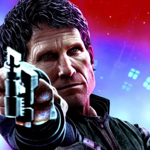 Image similar to todd howard pointing a gun towards the camera and forcing you to buy skyrim, threatening, sharp, cinematic, colorful, digital, neon, bright, cyberpunk, blade runner 2 0 4 9, realism, bold