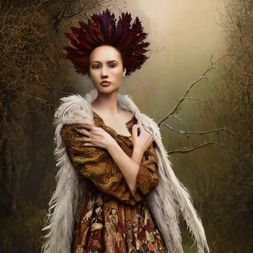 Prompt: real photoshoot queen of autumn, wearing a full feathered cloak and a fancy 🍂🌾🍂🍁 silk floral dress, ornate, ultra realistic, concept art, intricate details, eerie, highly detailed, photorealistic, octane render, 8 k, wlop. art by artgerm and greg rutkowski and charlie bowater and magali villeneuve and gustav klimt