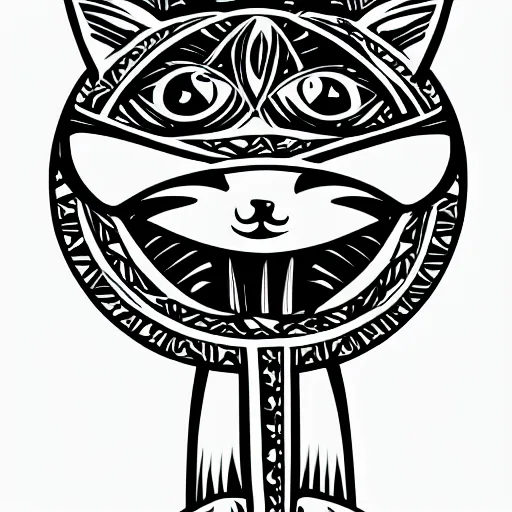 Prompt: tattoo sketch of a cat hugging the sun, on a canva, polynesian style, ornamental, line art, vector,