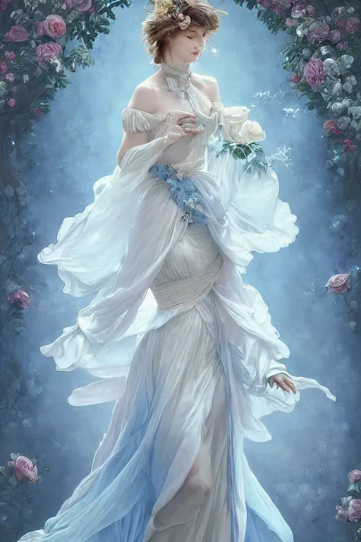 Image similar to beautiful!!! woman dressed in a vaporous wrapped large victorian pale blue roses silk semi-transparent dress fashion is running, fantasy, intricate, elegant, highly detailed, digital painting, trending on artstation, concept art, matte, sharp focus, illustration, art by Artgerm and Greg Rutkowski and Alphonse Mucha, instagram model