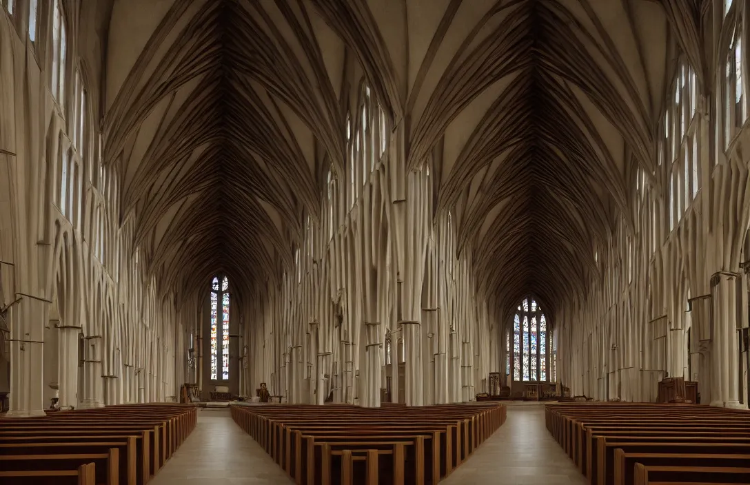 Prompt: in this church interior, vertical lines suggest spirituality, rising beyond human reach toward the heavens. low polygon count cloister quadrangle intact flawless ambrotype from 4 k criterion collection remastered cinematography gory horror film, ominous lighting, evil theme wow photo realistic postprocessing magic painting by rob gonsalves directed by kurosawa